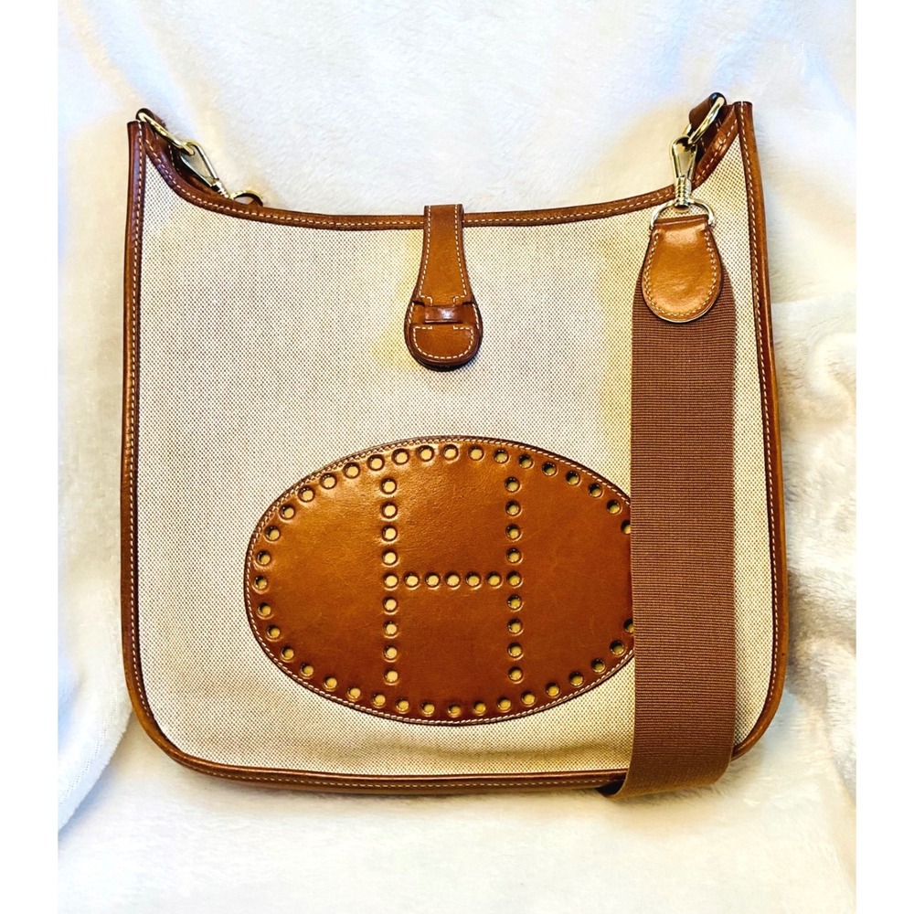 Hermes Evelyne GM Crossbody Bag Canvas Leather Cognac Authentic